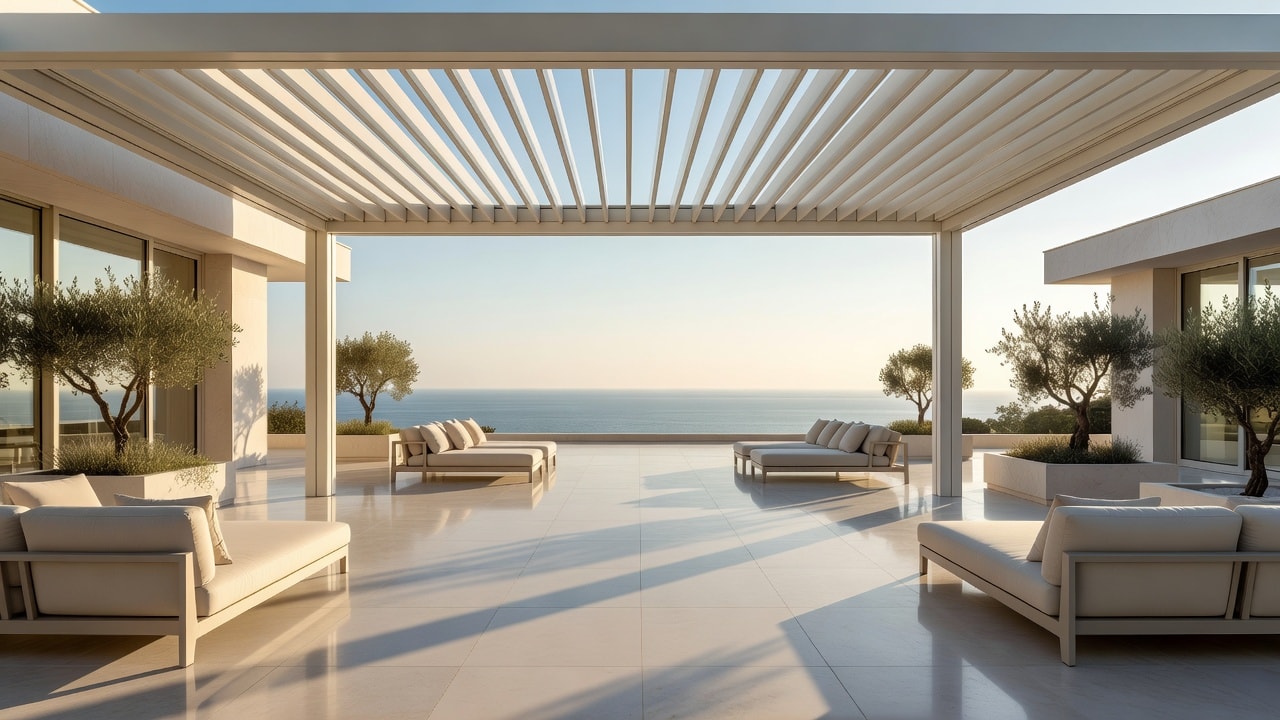 Villa terasında açık kanatlı beyaz alüminyum bioklimatik pergola
